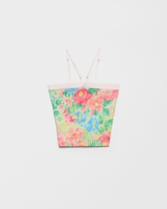 Πλεκτό βαμβακερό τοπ με ραβδώσεις και floral print
