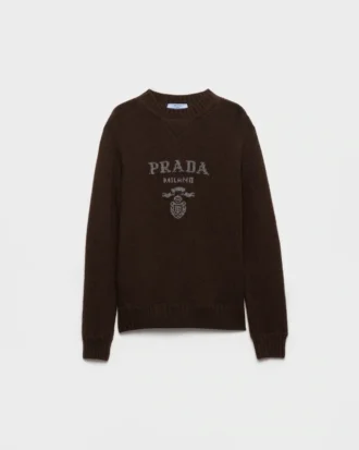 Πουλόβερ με λαιμόκοψη και λογότυπο Prada από κασμίρ και μαλλί