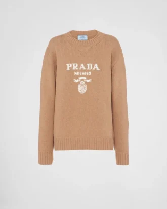 Πουλόβερ με λαιμόκοψη και λογότυπο Prada από κασμίρ και μαλλί