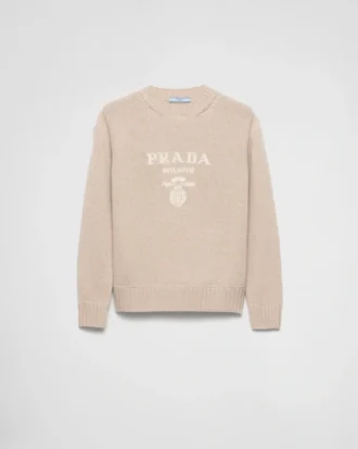 Πουλόβερ με λαιμόκοψη και λογότυπο Prada από κασμίρ και μαλλί