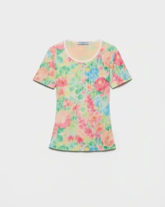 Τ-shirt από βαμβακερό πλεκτό με ραβδώσεις και τύπωμα Τ-shirt από βαμβακερό πλεκτό με ραβδώσεις και τύπωμα