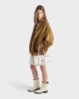 Τσάντα Prada Bonnie Medium από λινό με τύπωμα και δέρμα